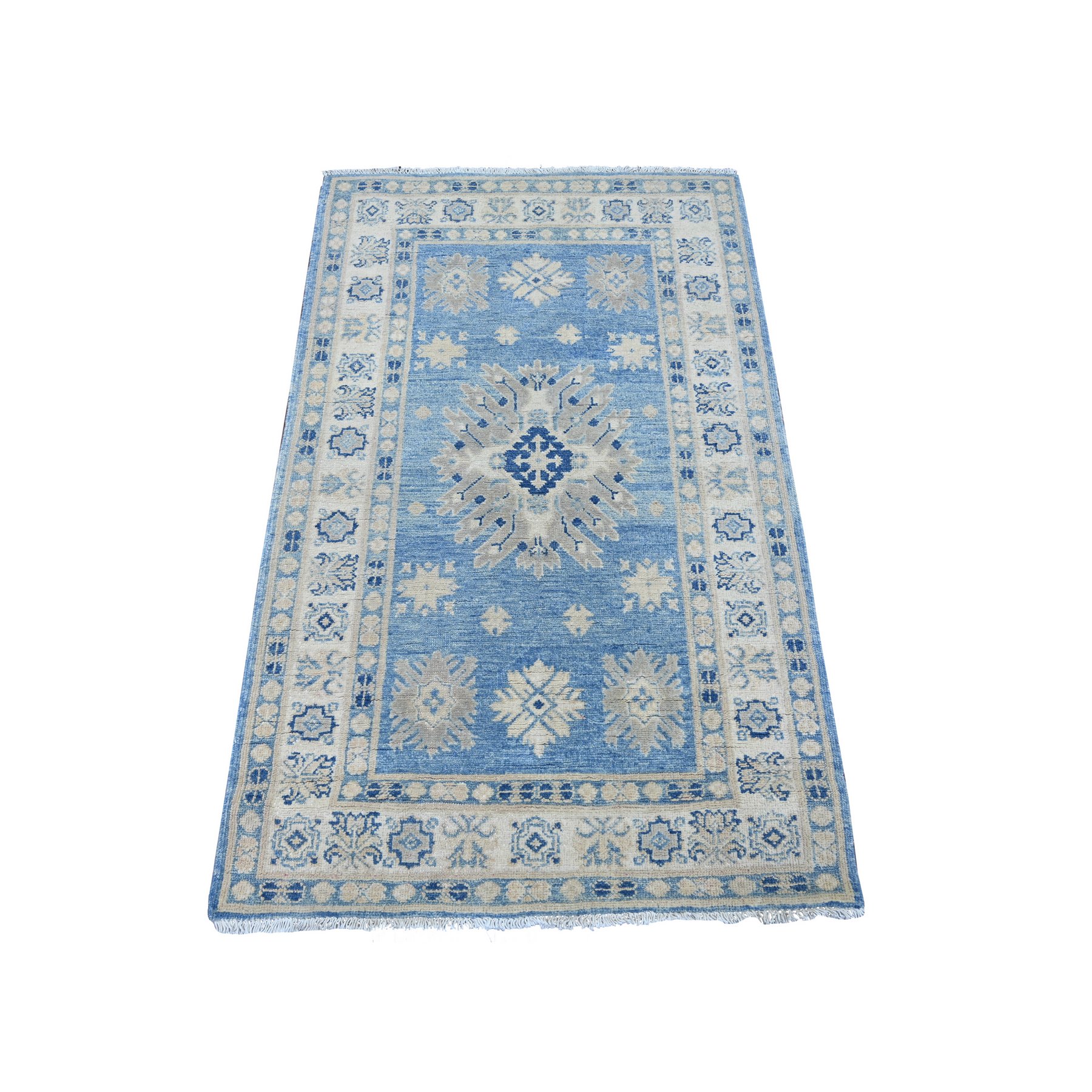 3'x4'9" Carolina Blue, Vintage Look Kazak with Tribal Medallion Design, Hand Knotted, 100% Wool, Natural Dyes, Oriental Rug 